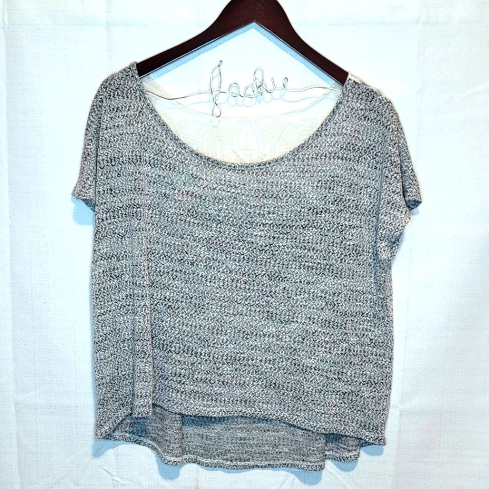 Massini Open Knit Sweater Top Short Sleeve Gray Scoop Neck Slouchy Size Large